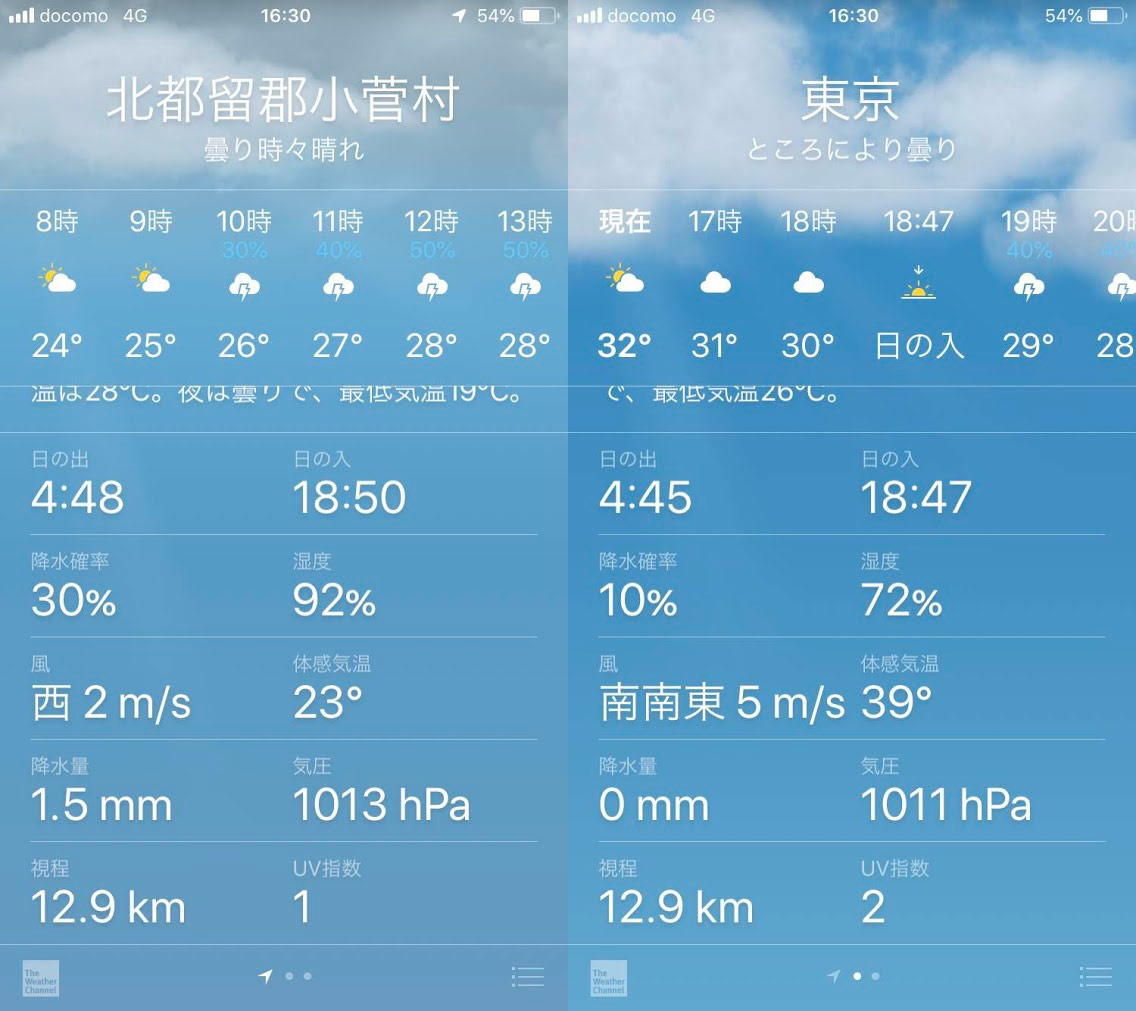 小菅村と東京の気温